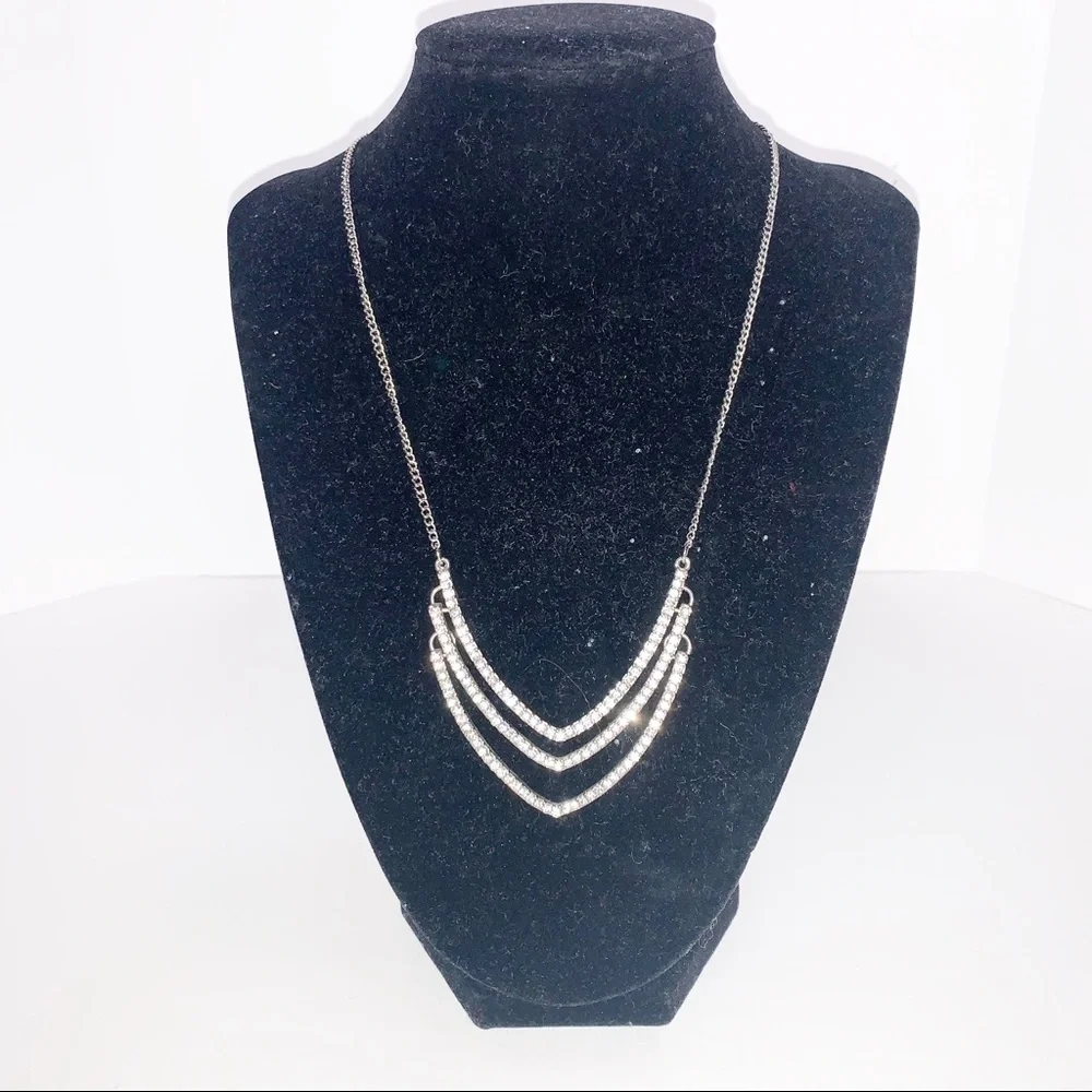 EXPRESS Silver Tiered V-Shape Rhinestone Necklace